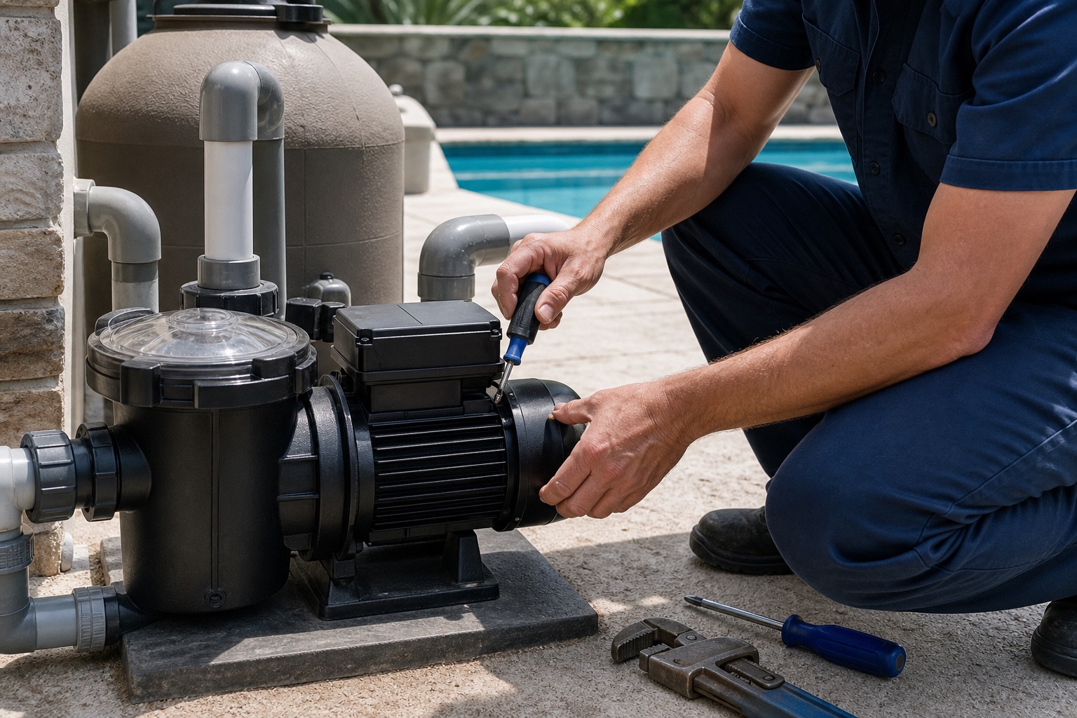 Pool technician repairing a residential circulation pump