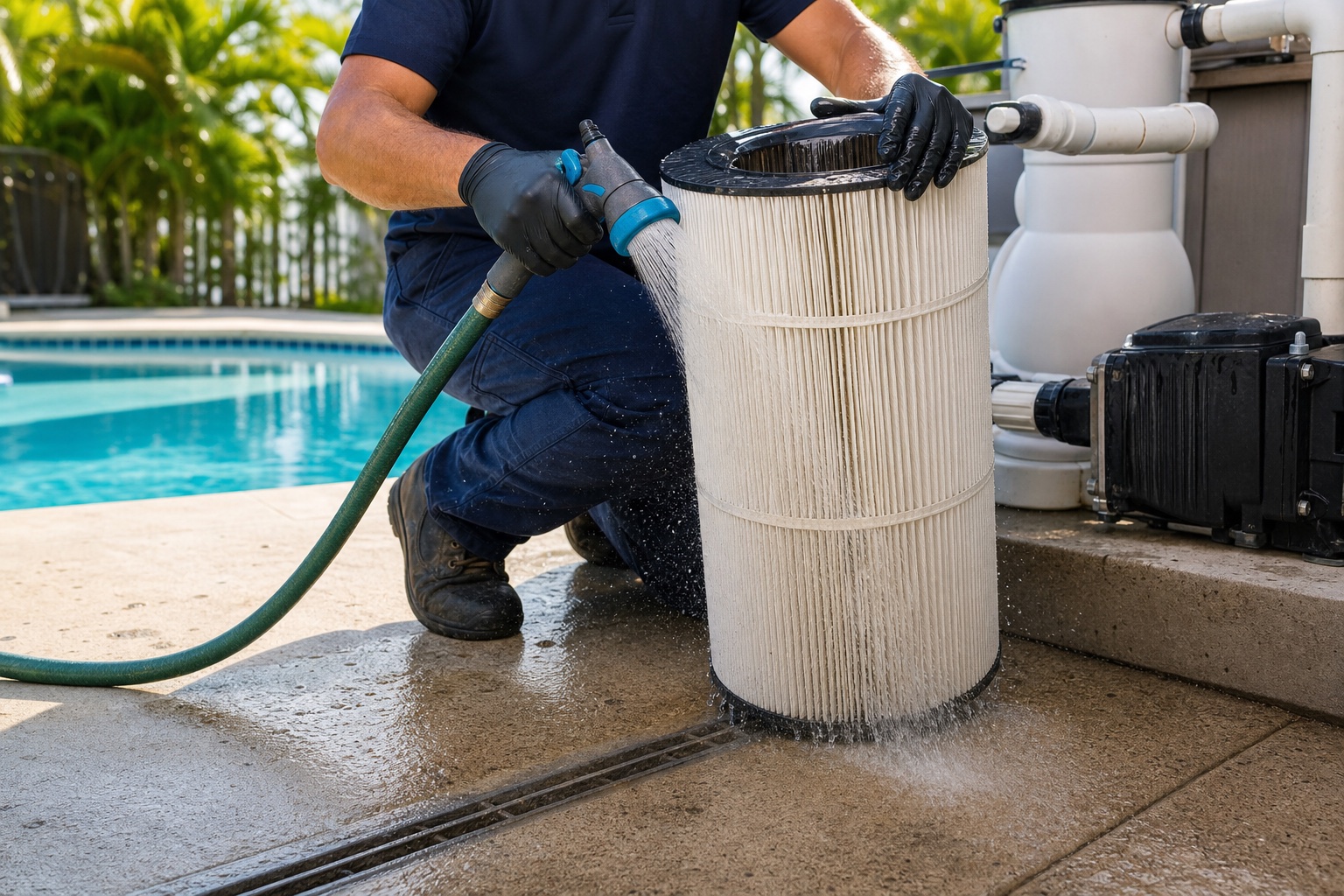 Pool technician rinsing a pleated cartridge filter