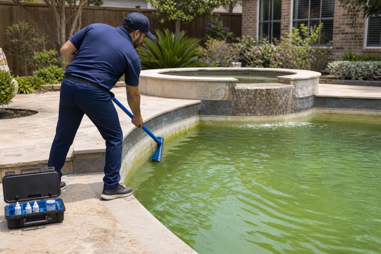 Pool technician brushing algae from a green residential pool